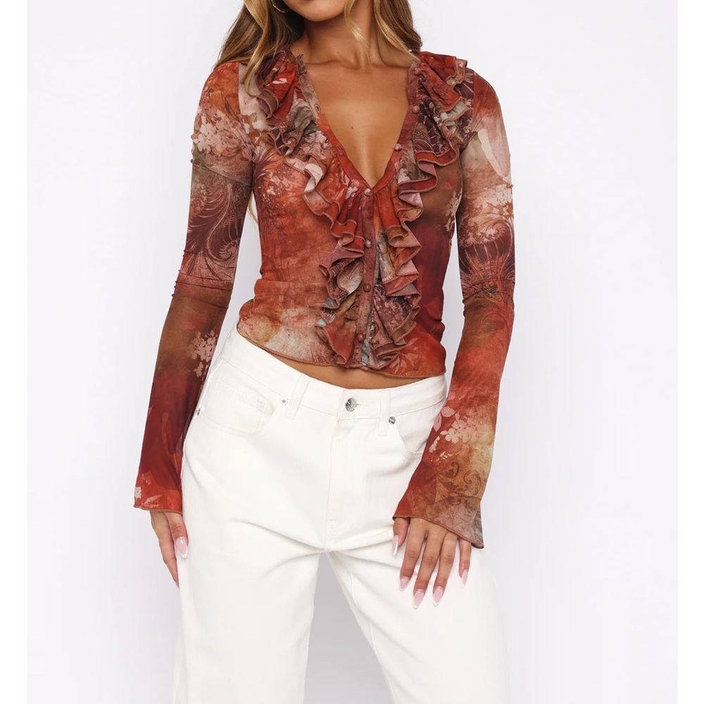 White Fox Boutique Ruffled V-Neck Blouse - Red and Brown